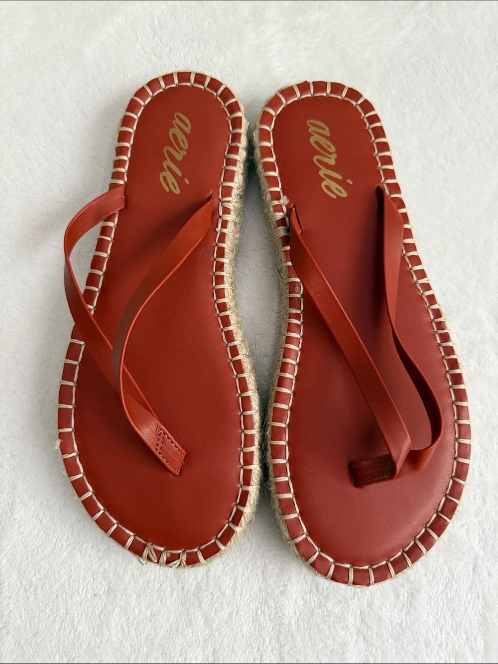 New aerie Women's Dark Orange Espadrille-Trim Flip Flop Sandals
